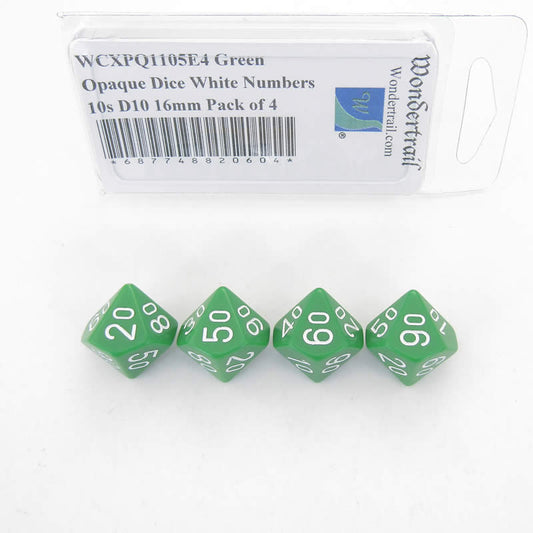 WCXPQ1105E4 Green Opaque Dice White Numbers 10s D10 16mm Pack of 4 Main Image