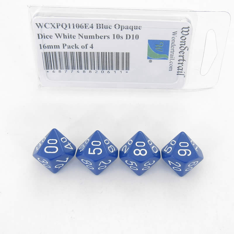 WCXPQ1106E4 Blue Opaque Dice White Numbers 10s D10 16mm Pack of 4 Main Image