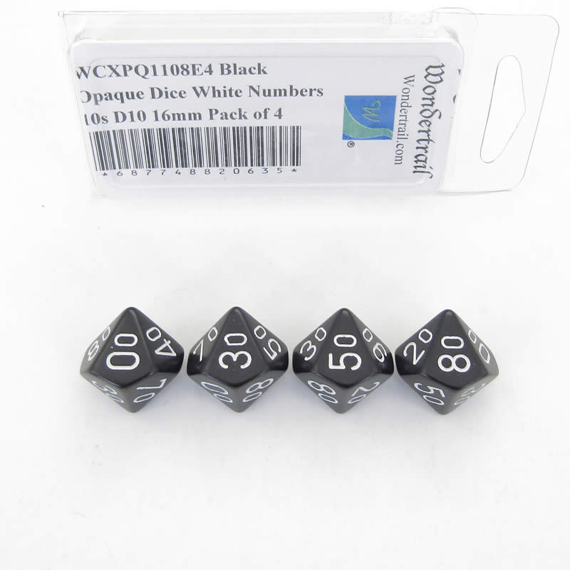 WCXPQ1108E4 Black Opaque Dice White Numbers 10s D10 16mm Pack of 4 Main Image