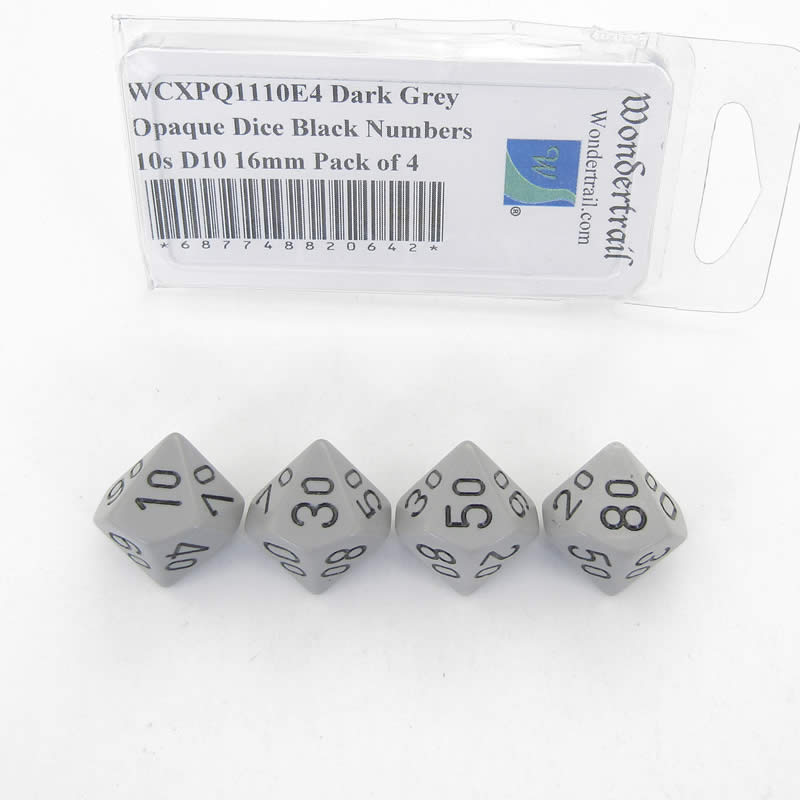 WCXPQ1110E4 Dark Grey Opaque Dice Black Numbers 10s D10 16mm Pack of 4 Main Image