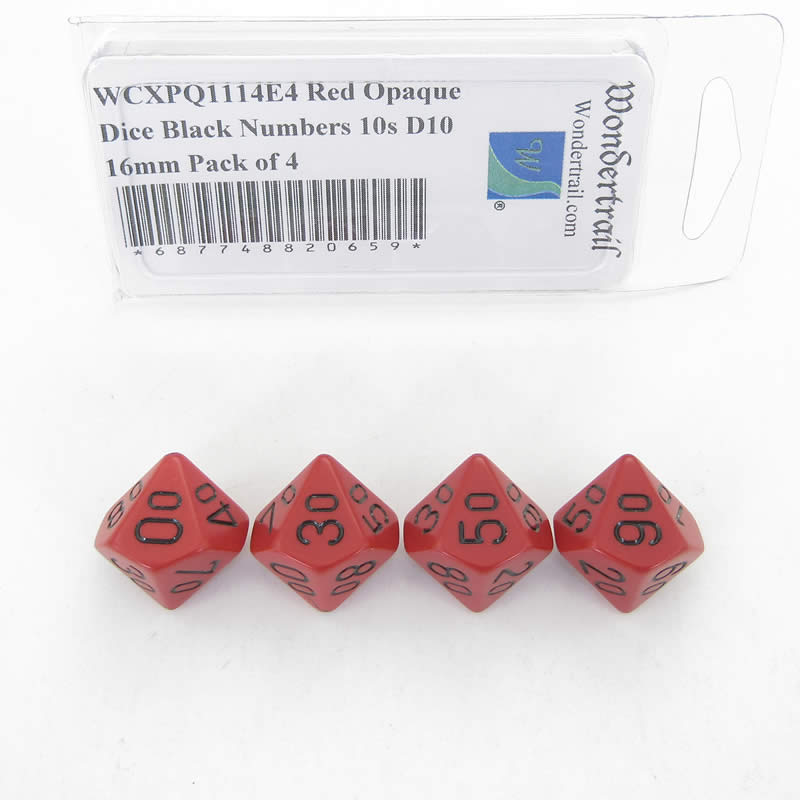 WCXPQ1114E4 Red Opaque Dice Black Numbers 10s D10 16mm Pack of 4 Main Image