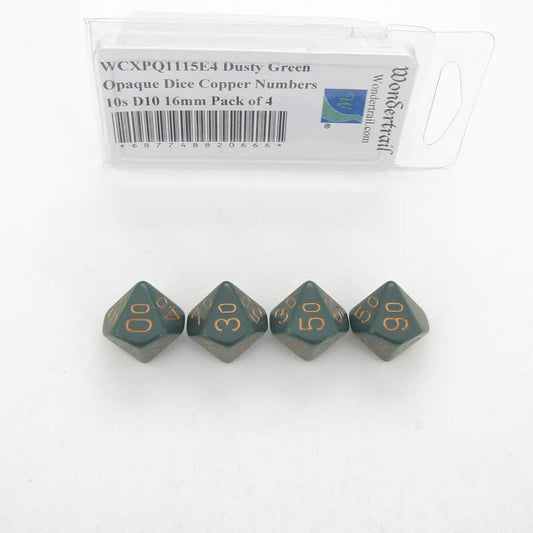 WCXPQ1115E4 Dusty Green Opaque Dice Copper Numbers 10s D10 16mm Pack of 4 Main Image