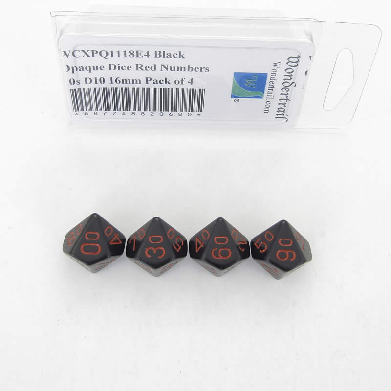 WCXPQ1118E4 Black Opaque Dice Red Numbers 10s D10 16mm Pack of 4 Main Image