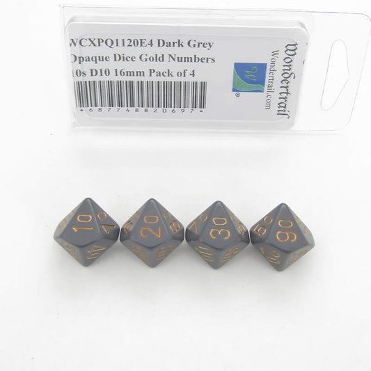 WCXPQ1120E4 Dark Grey Opaque Dice Gold Numbers 10s D10 16mm Pack of 4 Main Image