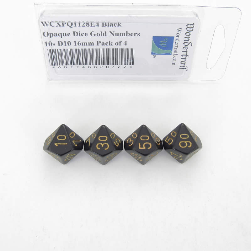 WCXPQ1128E4 Black Opaque Dice Gold Numbers 10s D10 16mm Pack of 4 Main Image