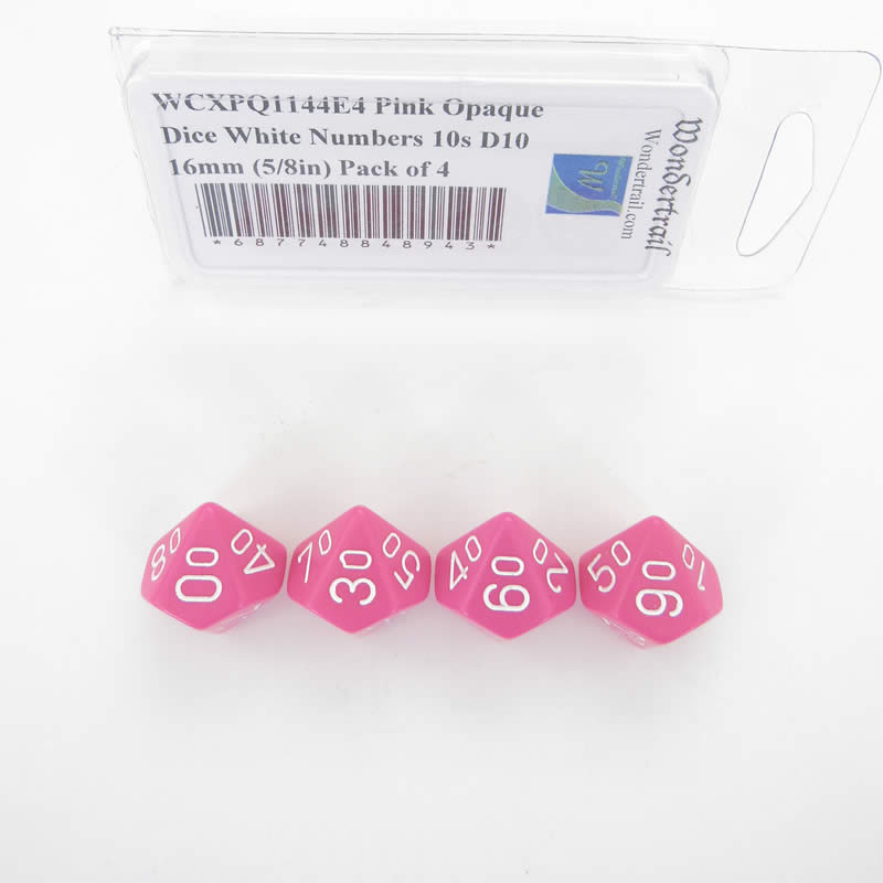 WCXPQ1144E4 Pink Opaque Dice White Numbers 10s D10 16mm (5/8in) Pack of 4 Main Image