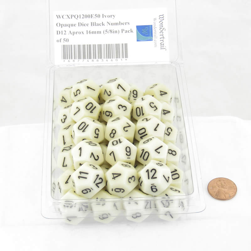 WCXPQ1200E50 Ivory Opaque Dice Black Numbers D12 Aprox 16mm (5/8in) Pack of 50 2nd Image