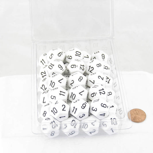 WCXPQ1201E50 White Opaque Dice Black Numbers D12 Aprox 16mm (5/8in) Pack of 50 Main Image