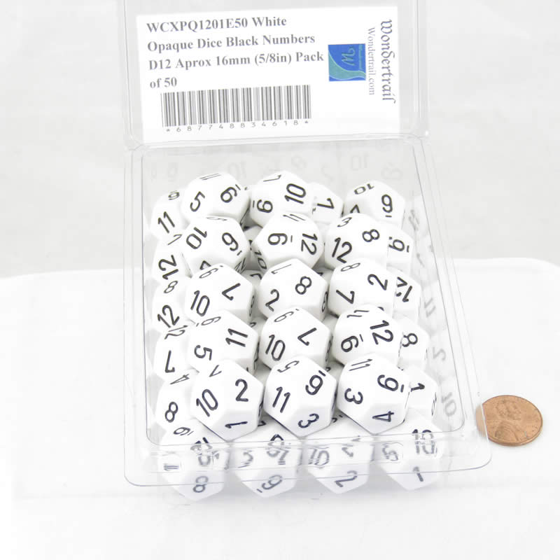 WCXPQ1201E50 White Opaque Dice Black Numbers D12 Aprox 16mm (5/8in) Pack of 50 2nd Image