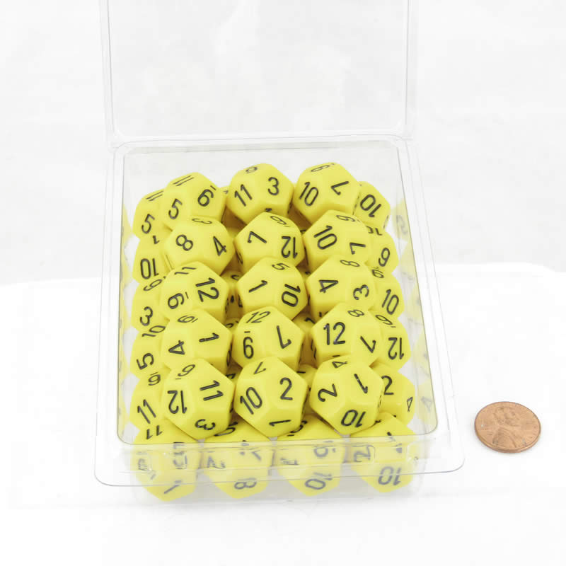 WCXPQ1202E50 Yellow Opaque Dice Black Numbers D12 Aprox 16mm (5/8in) Pack of 50 Main Image