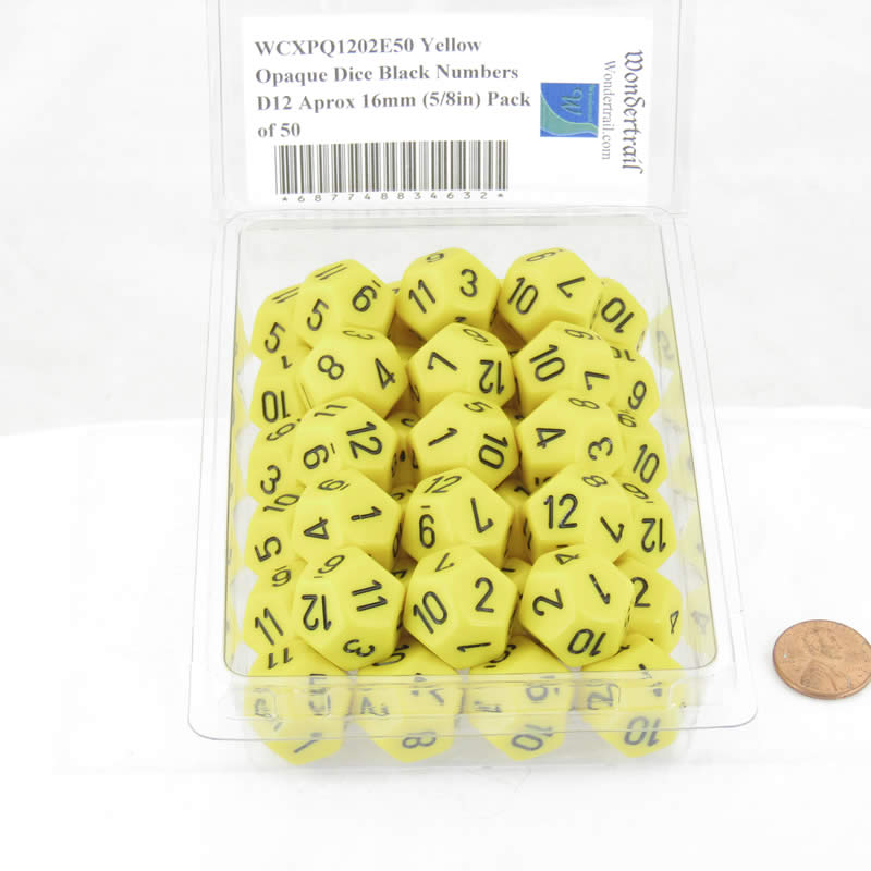 WCXPQ1202E50 Yellow Opaque Dice Black Numbers D12 Aprox 16mm (5/8in) Pack of 50 2nd Image