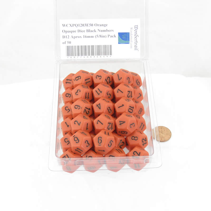 WCXPQ1203E50 Orange Opaque Dice Black Numbers D12 Aprox 16mm (5/8in) Pack of 50 2nd Image