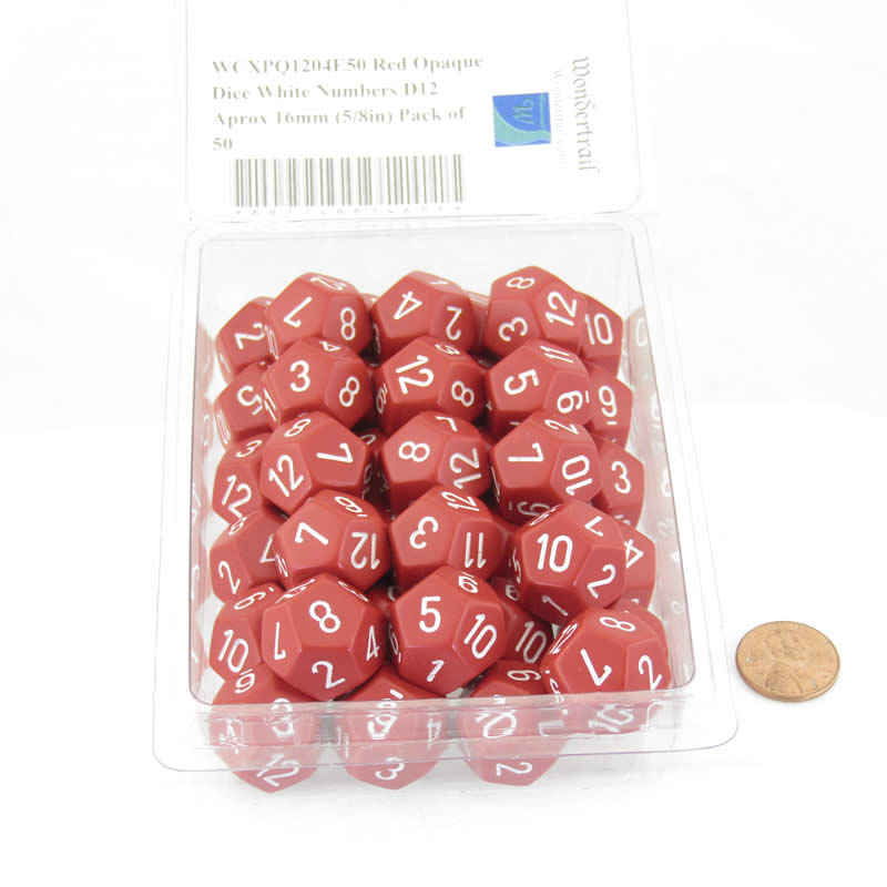 WCXPQ1204E50 Red Opaque Dice White Numbers D12 Aprox 16mm (5/8in) Pack of 50 2nd Image