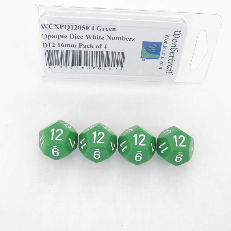 WCXPQ1205E4 Green Opaque Dice White Numbers D12 16mm Pack of 4 Main Image