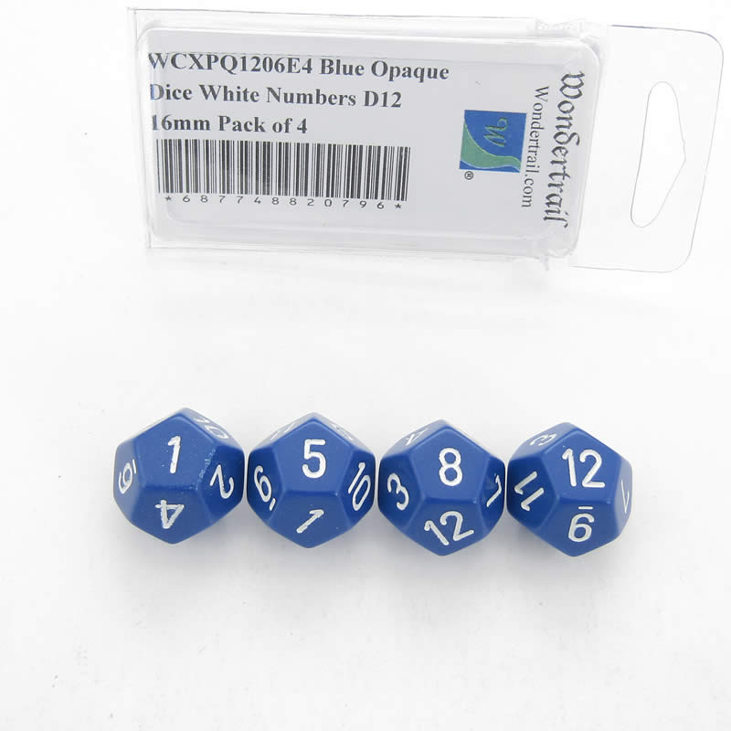 WCXPQ1206E4 Blue Opaque Dice White Numbers D12 16mm Pack of 4 Main Image