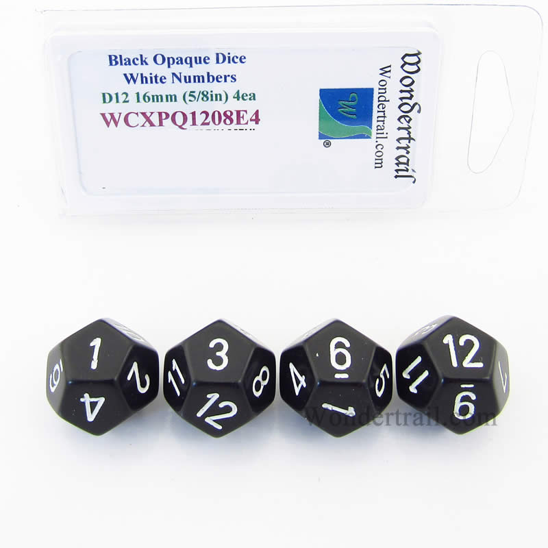 WCXPQ1208E4 Black Opaque Dice White Numbers D12 16mm Pack of 4 Main Image
