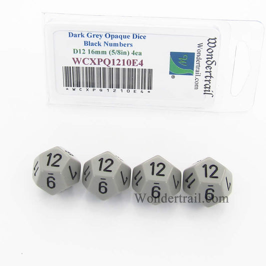 WCXPQ1210E4 Dark Grey Opaque Dice Black Numbers D12 16mm Pack of 4 Main Image