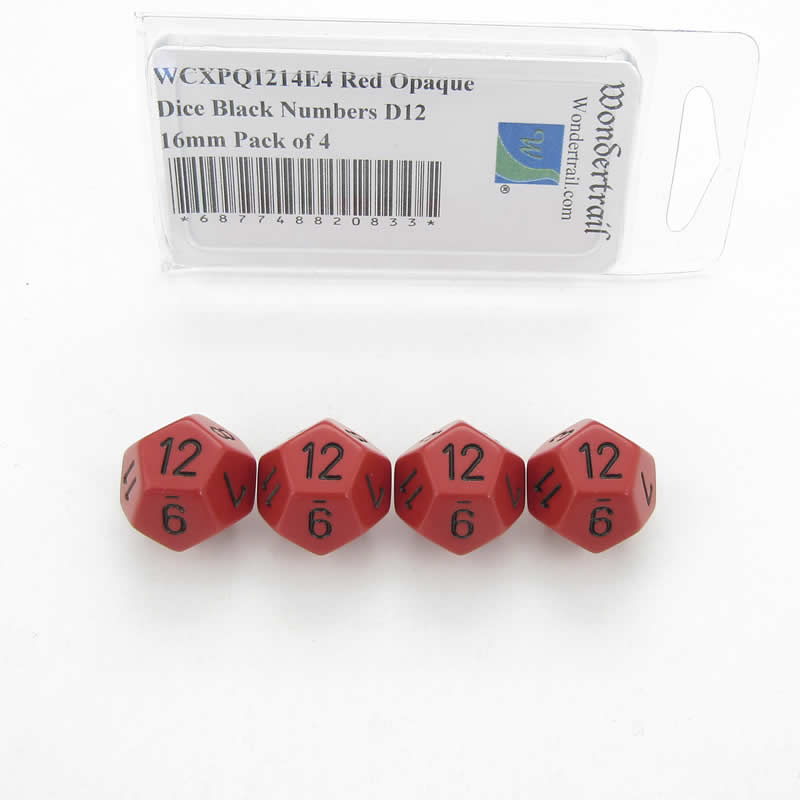 WCXPQ1214E4 Red Opaque Dice Black Numbers D12 16mm Pack of 4 Main Image
