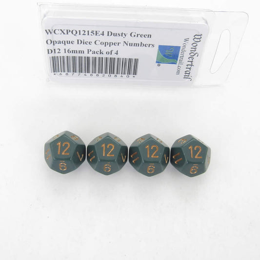 WCXPQ1215E4 Dusty Green Opaque Dice Copper Numbers D12 16mm Pack of 4 Main Image