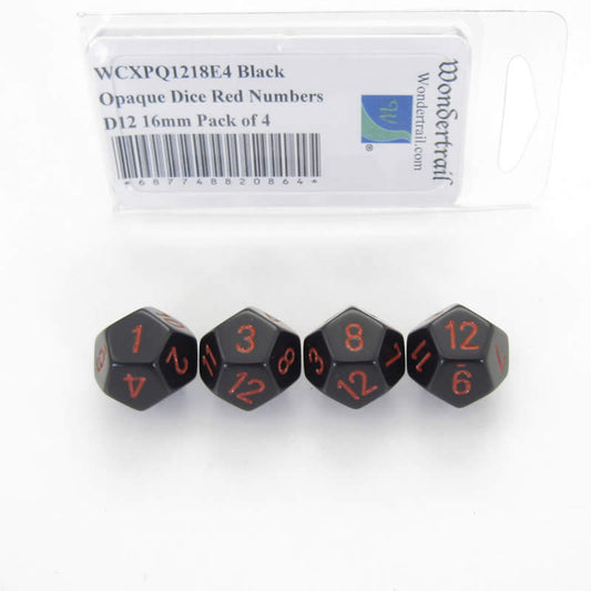 WCXPQ1218E4 Black Opaque Dice Red Numbers D12 16mm Pack of 4 Main Image