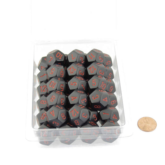 WCXPQ1218E50 Black Opaque Dice Red Numbers D12 Aprox 16mm (5/8in) Pack of 50 Main Image