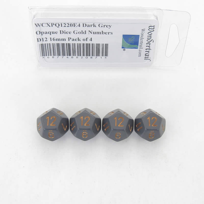 WCXPQ1220E4 Dark Grey Opaque Dice Gold Numbers D12 16mm Pack of 4 Main Image