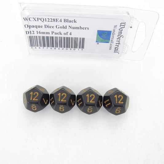 WCXPQ1228E4 Black Opaque Dice Gold Numbers D12 16mm Pack of 4 Main Image