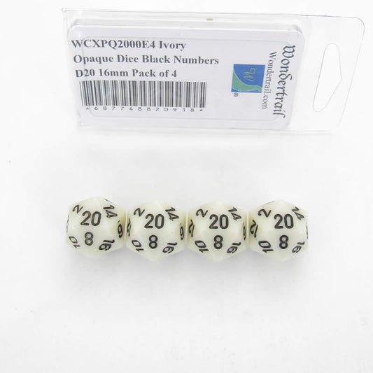 WCXPQ2000E4 Ivory Opaque Dice Black Numbers D20 16mm Pack of 4 Main Image