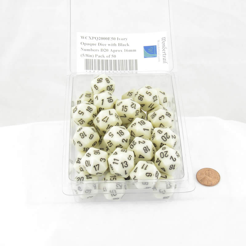 WCXPQ2000E50 Ivory Opaque Dice with Black Numbers D20 Aprox 16mm (5/8in) Pack of 50 2nd Image