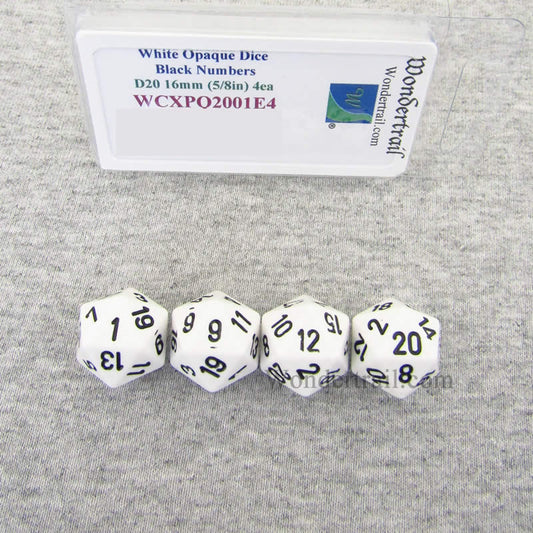 WCXPQ2001E4 White Opaque Dice Black Numbers D20 16mm Pack of 4 Main Image