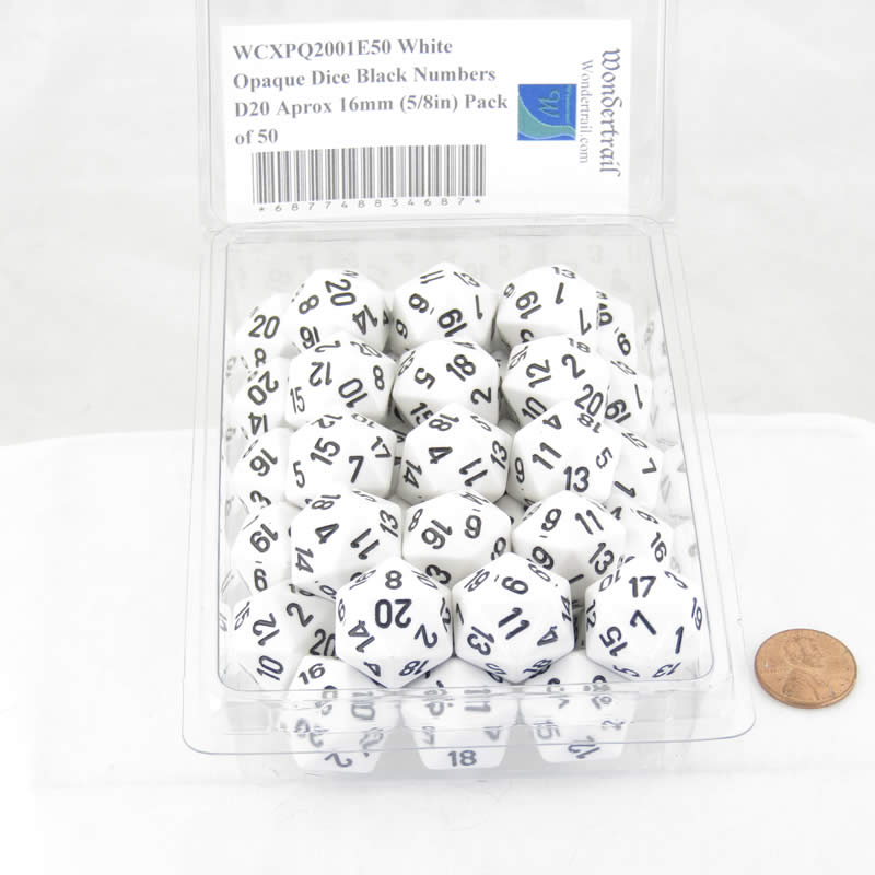 WCXPQ2001E50 White Opaque Dice Black Numbers D20 Aprox 16mm (5/8in) Pack of 50 2nd Image