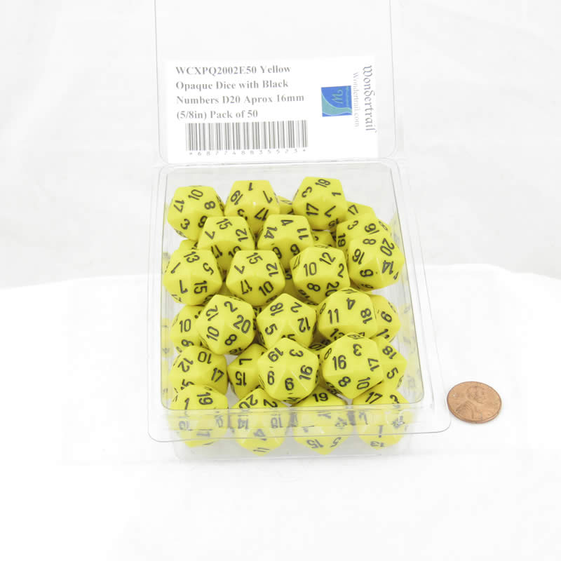 WCXPQ2002E50 Yellow Opaque Dice with Black Numbers D20 Aprox 16mm (5/8in) Pack of 50 2nd Image