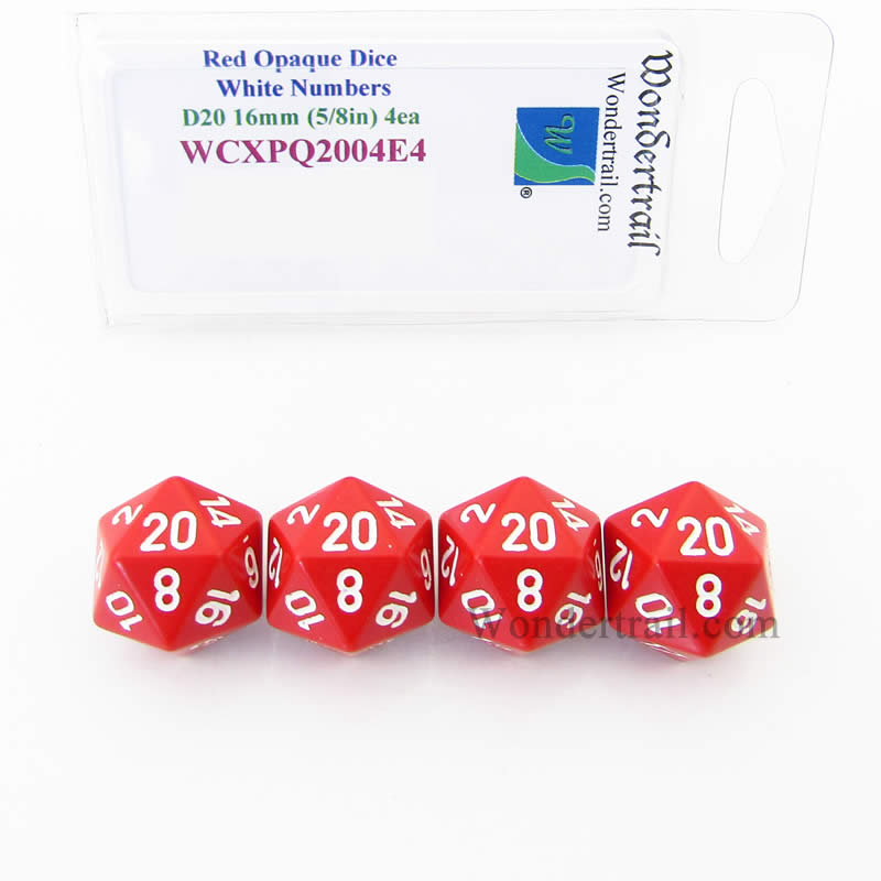 WCXPQ2004E4 Red Opaque Dice White Numbers D20 16mm Pack of 4 Main Image