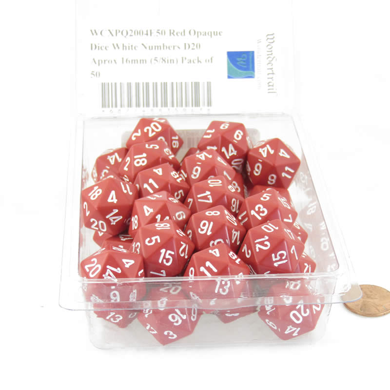 WCXPQ2004E50 Red Opaque Dice White Numbers D20 Aprox 16mm (5/8in) Pack of 50 2nd Image