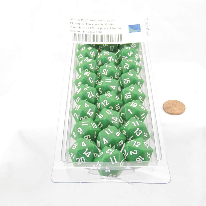 WCXPQ2005E50 Green Opaque Dice with White Numbers D20 Aprox 16mm (5/8in) Pack of 50 2nd Image