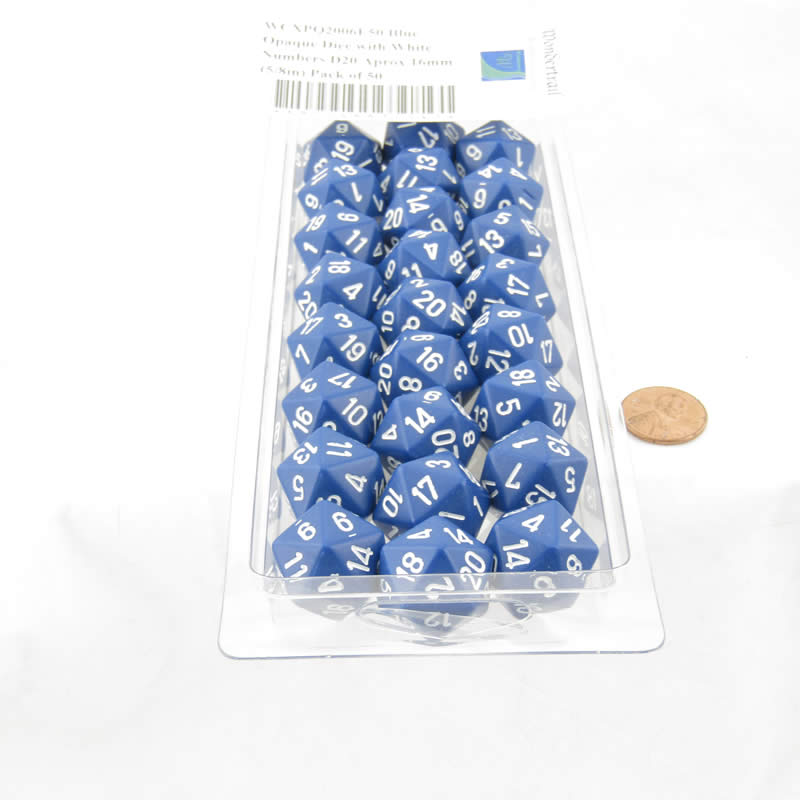 WCXPQ2006E50 Blue Opaque Dice with White Numbers D20 Aprox 16mm (5/8in) Pack of 50 2nd Image