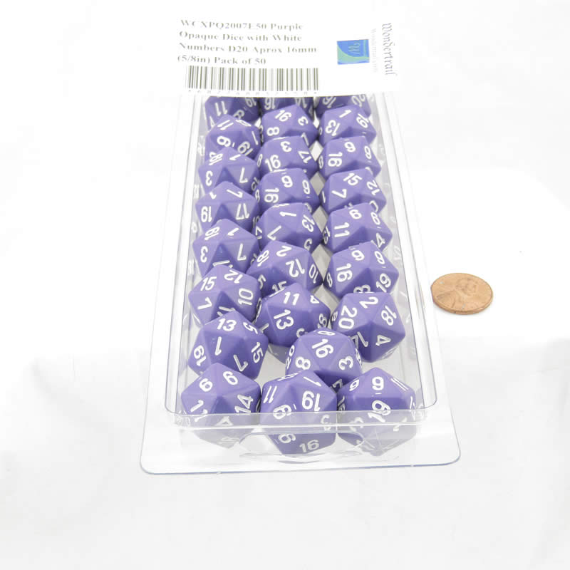 WCXPQ2007E50 Purple Opaque Dice with White Numbers D20 Aprox 16mm (5/8in) Pack of 50 2nd Image