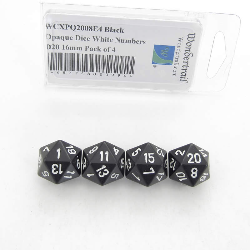 WCXPQ2008E4 Black Opaque Dice White Numbers D20 16mm Pack of 4 Main Image