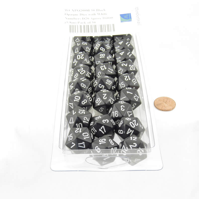 WCXPQ2008E50 Black Opaque Dice with White Numbers D20 Aprox 16mm (5/8in) Pack of 50 2nd Image