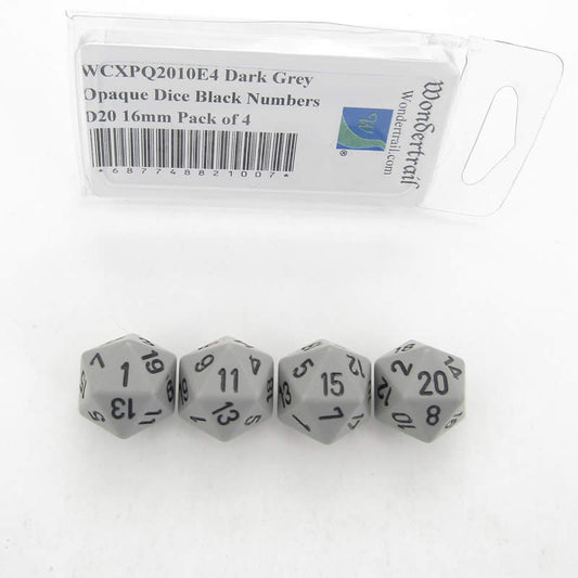 WCXPQ2010E4 Dark Grey Opaque Dice Black Numbers D20 16mm Pack of 4 Main Image
