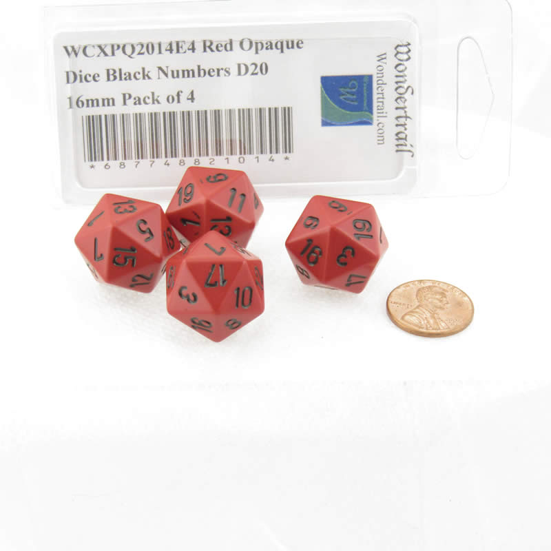 WCXPQ2014E4 Red Opaque Dice Black Numbers D20 16mm Pack of 4 2nd Image