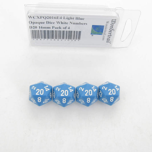 WCXPQ2016E4 Light Blue Opaque Dice White Numbers D20 16mm Pack of 4 Main Image