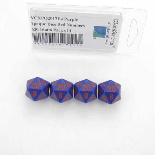 WCXPQ2017E4 Purple Opaque Dice Red Numbers D20 16mm Pack of 4 Main Image