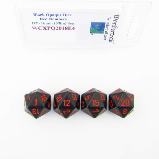 WCXPQ2018E4 Black Opaque Dice Red Numbers D20 16mm Pack of 4 Main Image