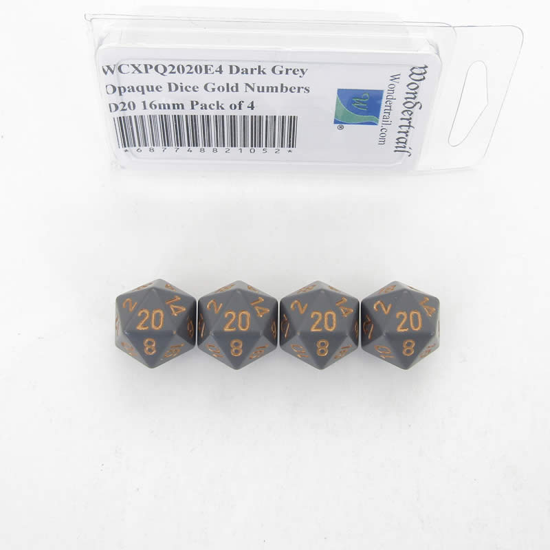 WCXPQ2020E4 Dark Grey Opaque Dice Gold Numbers D20 16mm Pack of 4 Main Image
