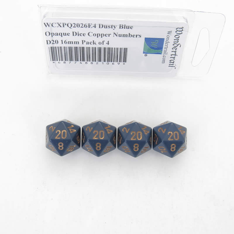 WCXPQ2026E4 Dusty Blue Opaque Dice Copper Numbers D20 16mm Pack of 4 Main Image