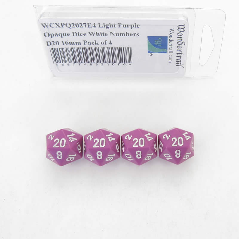 WCXPQ2027E4 Light Purple Opaque Dice White Numbers D20 16mm Pack of 4 Main Image