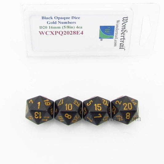 WCXPQ2028E4 Black Opaque Dice Gold Numbers D20 16mm Pack of 4 Main Image