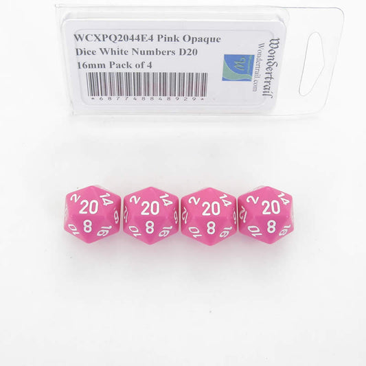 WCXPQ2044E4 Pink Opaque Dice White Numbers D20 16mm Pack of 4 Main Image