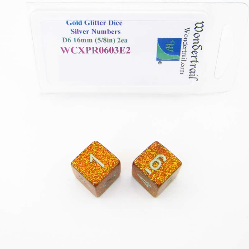 WCXPR0603E2 Gold Glitter Dice Silver Numbers D6 16mm (5/8in) Pack of 2 Main Image